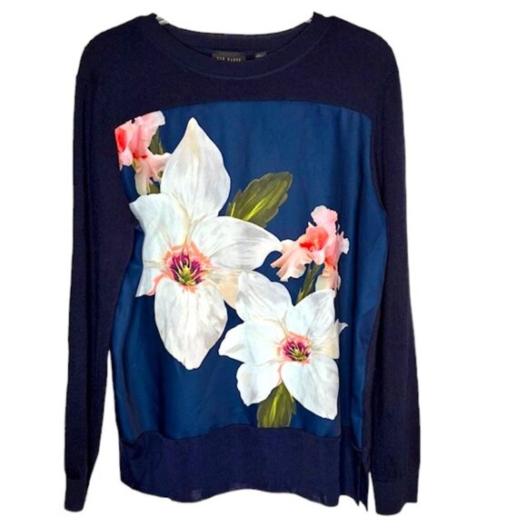 Ted Baker London Floral Sweater Cotton/Silk Blend - Navy/Pink/White - UK4/US10 - Picture 1 of 10